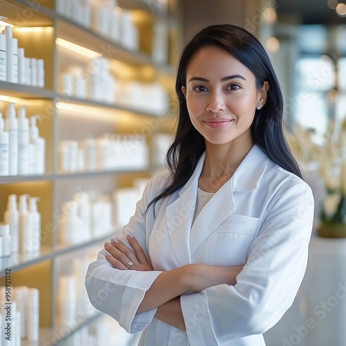 Confident female pharmacist or skincare expert in white lab coat standing in modern beauty store interior