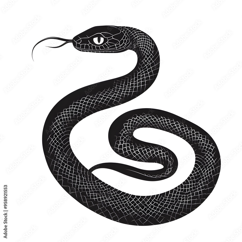 Fototapeta premium Snake silhouette, isolated mystic black snake on white background