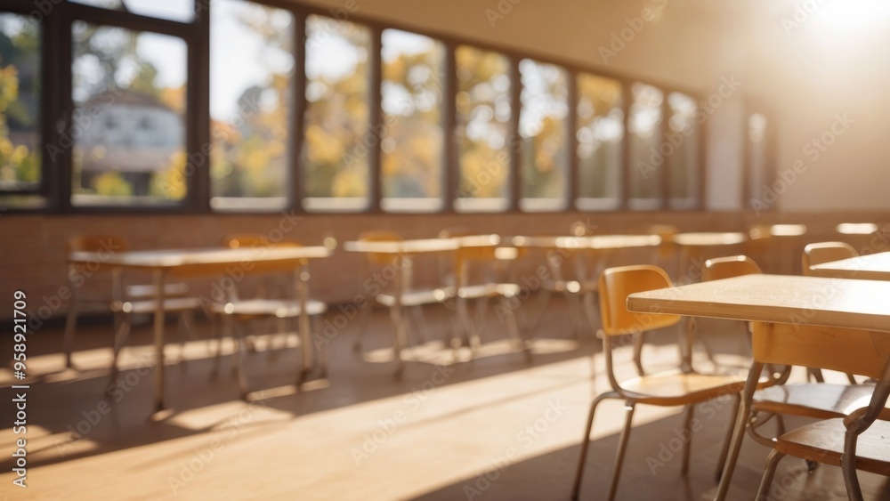 Empty classroom bathed in warm sunlight through large windows, back to school Empty classroom bathed in warm sunlight through large windows, back to school