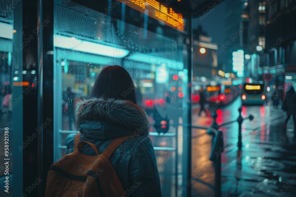 Urban Solitude: Young Woman Reflecting at a Night City Bus Stop - Vibrant and Introspective Scene Urban Solitude: Young Woman Reflecting at a Night City Bus Stop - Vibrant and Introspective Scene