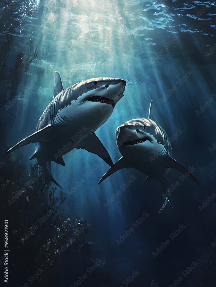 Naklejka premium Two majestic white sharks swimming beneath the surface