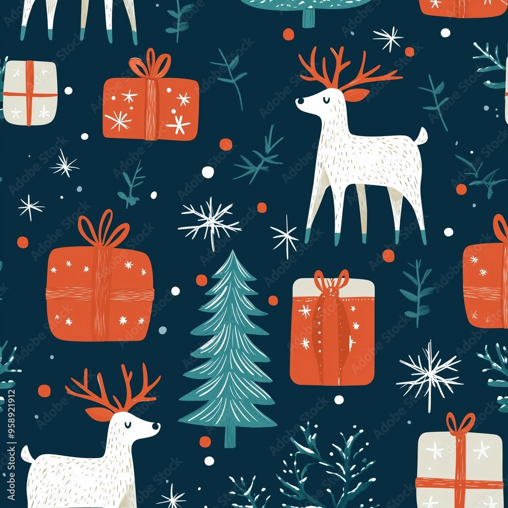 Christmas seamless pattern with reindeer, gift boxes, and holiday trees on a festive dark background Christmas seamless pattern with reindeer, gift boxes, and holiday trees on a festive dark background