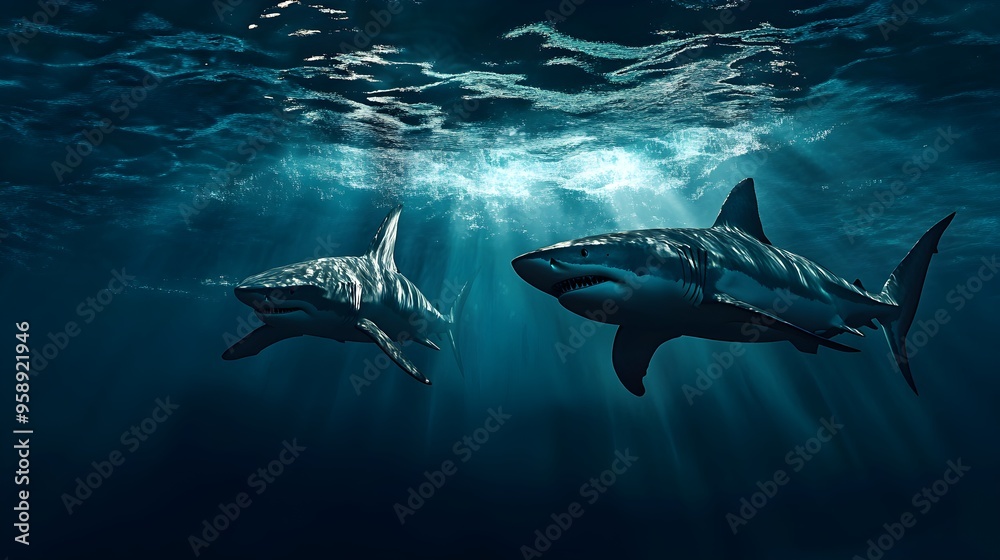Fototapeta premium Two majestic white sharks swimming beneath the surface