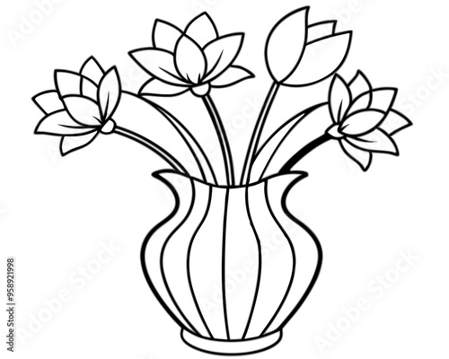 bold line art vase with multiple flower vector art,vase with multiple flowers line art illustration