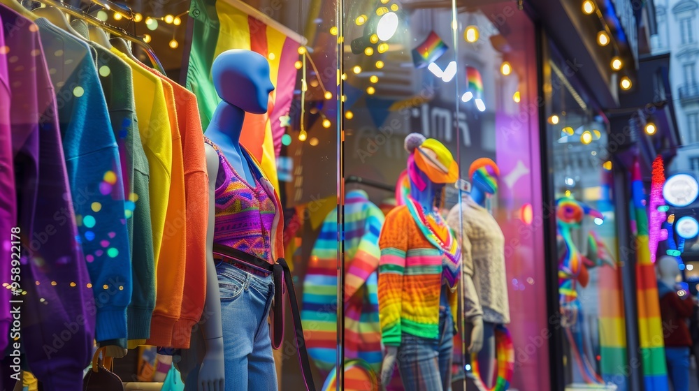 Pride-Themed Storefront Display with Vibrant Mannequins and Rainbow Decorations Pride-Themed Storefront Display with Vibrant Mannequins and Rainbow Decorations