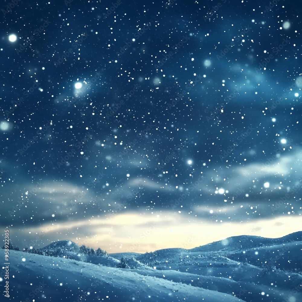 Winter night landscape with snow covered hills and snowflakes falling under a cloudy sky with stars Winter night landscape with snow covered hills and snowflakes falling under a cloudy sky with stars