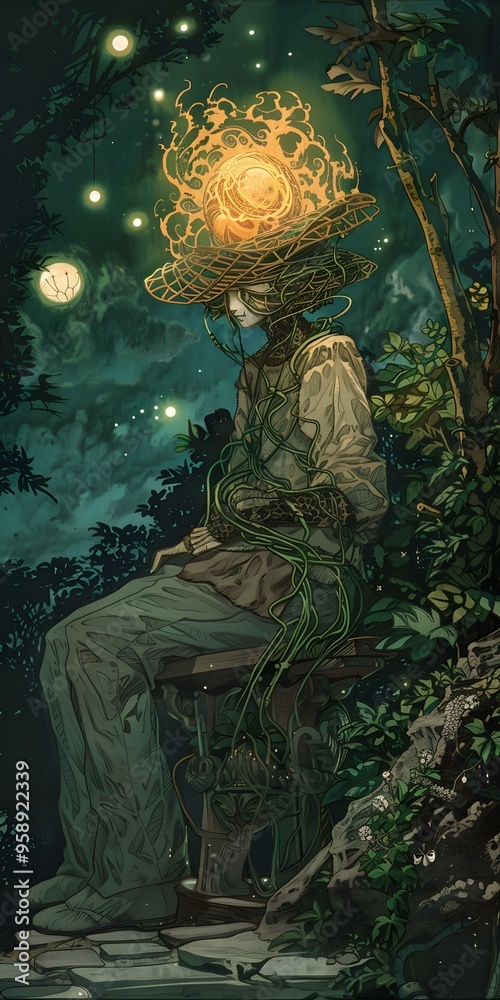 Fantasy Illustration of a Person Sitting on a Bench in a Forest with Vines and Glow Fantasy Illustration of a Person Sitting on a Bench in a Forest with Vines and Glow
