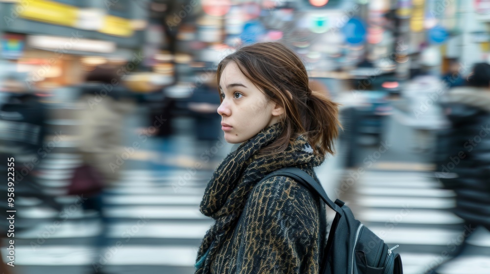 Thoughtful Young Woman Reflecting at Busy Crosswalk in City - Urban Life Concept for Posters Thoughtful Young Woman Reflecting at Busy Crosswalk in City - Urban Life Concept for Posters