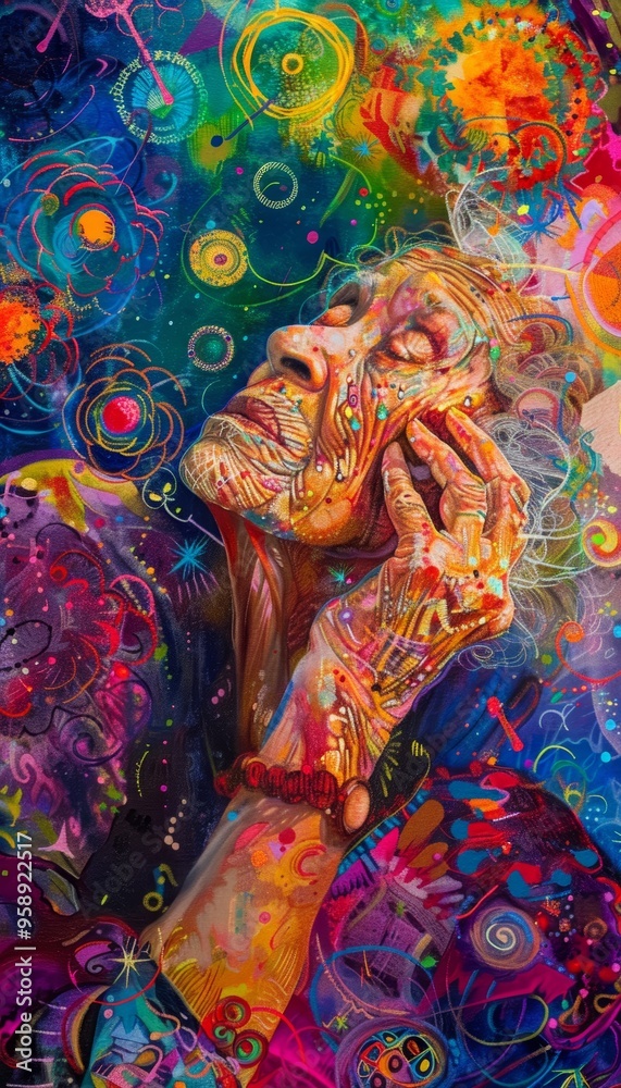 Naklejka premium Elderly Woman in Vibrant Community Art Class Embraces Joy of Expression and Connection