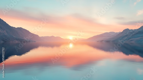 A serene mountain lake reflecting a stunning sunset with a light breeze creating gentle ripples on the surface.