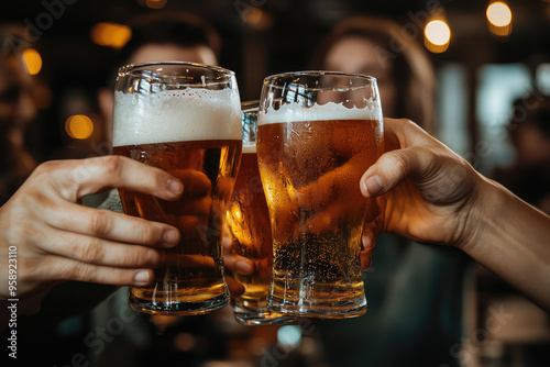 Cheers! Friends clinking beer glasses, celebrating good times in a cozy pub atmosphere. #FriendshipGoals #CheersToThat photo