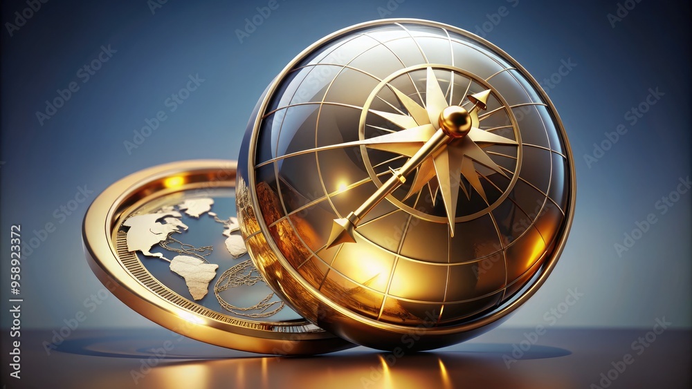 Gold globe with compass and arrows merging into a stylized corporate icon, conveying international commerce, navigation, and strategic expansion in a modern business landscape. Gold globe with compass and arrows merging into a stylized corporate icon, conveying international commerce, navigation, and strategic expansion in a modern business landscape.