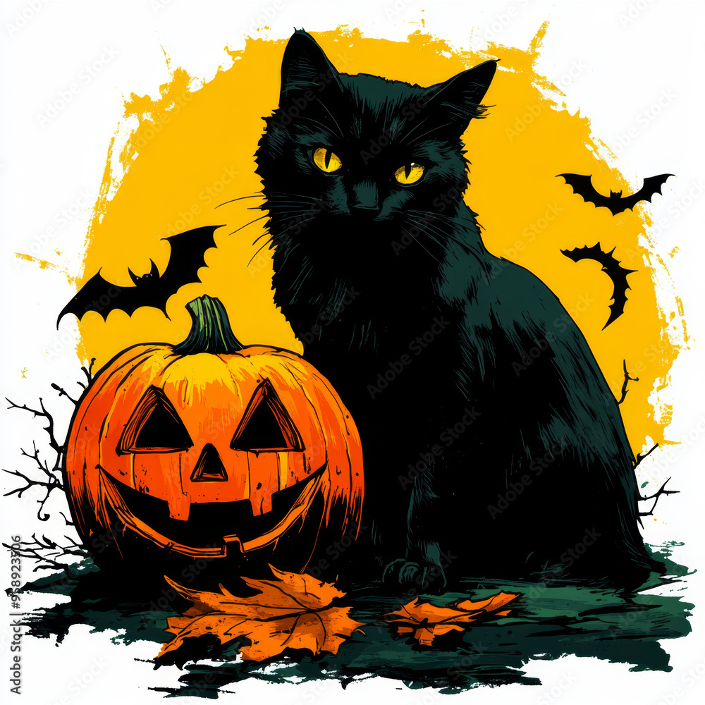 A black cat with glowing eyes sits beside a jack-o'-lantern while bats fly in the background, perfect for Halloween themes. A black cat with glowing eyes sits beside a jack-o'-lantern while bats fly in the background, perfect for Halloween themes.