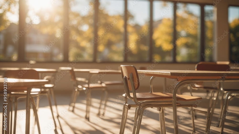 Empty classroom bathed in morning sunlight with chairs on top of tables Empty classroom bathed in morning sunlight with chairs on top of tables