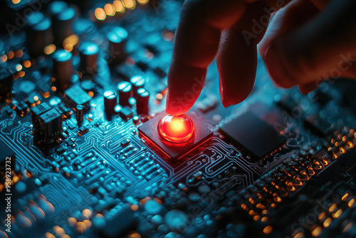 The Power of One Touch: A hand presses a glowing red button on a complex circuit board, symbolizing the potential for activation and change.