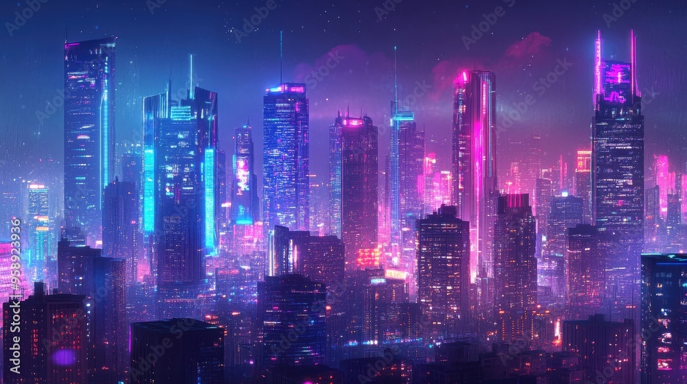 Fototapeta premium City panorama with vibrant neon lights and advanced architectural designs, creating a high-tech, digital atmosphere for futuristic technology concepts.