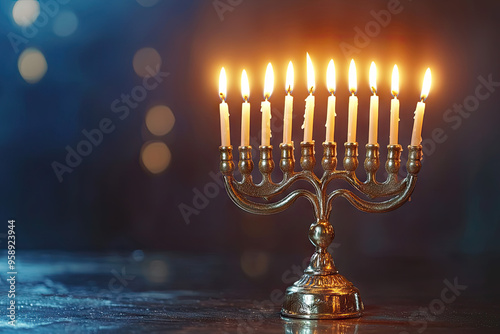 A Festive Hanukkah Menorah with Nine Lit Candles: Celebrating the Festival of Lights