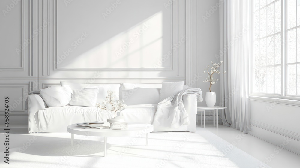 White Living Room Interior Design with Sofa and Plants White Living Room Interior Design with Sofa and Plants