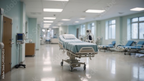 Empty hospital bed standing in hospital hallway