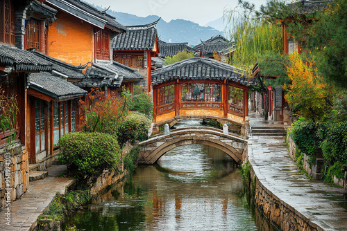 A tranquil moment in Lijiang, China, where a quaint stone bridge arches over a serene canal, leading to a picturesque ancient town.