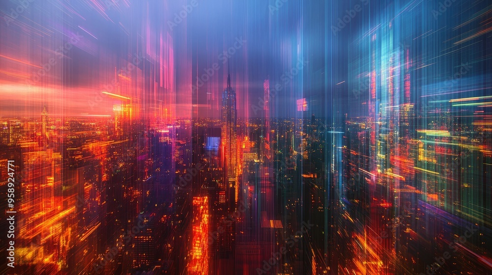City skyline with streaks of colorful motion lights, creating an abstract and lively visual effect against a modern urban backdrop City skyline with streaks of colorful motion lights, creating an abstract and lively visual effect against a modern urban backdrop