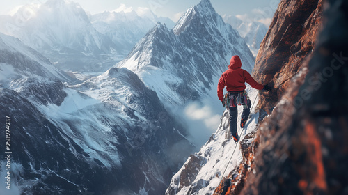 Wallpaper Mural Extreme adventure lifestyle concept. A man in a red jacket stands on a snow-covered mountain peak. The sky is cloudy and the mountain range in the background is covered in snow. Concept of adventure Torontodigital.ca