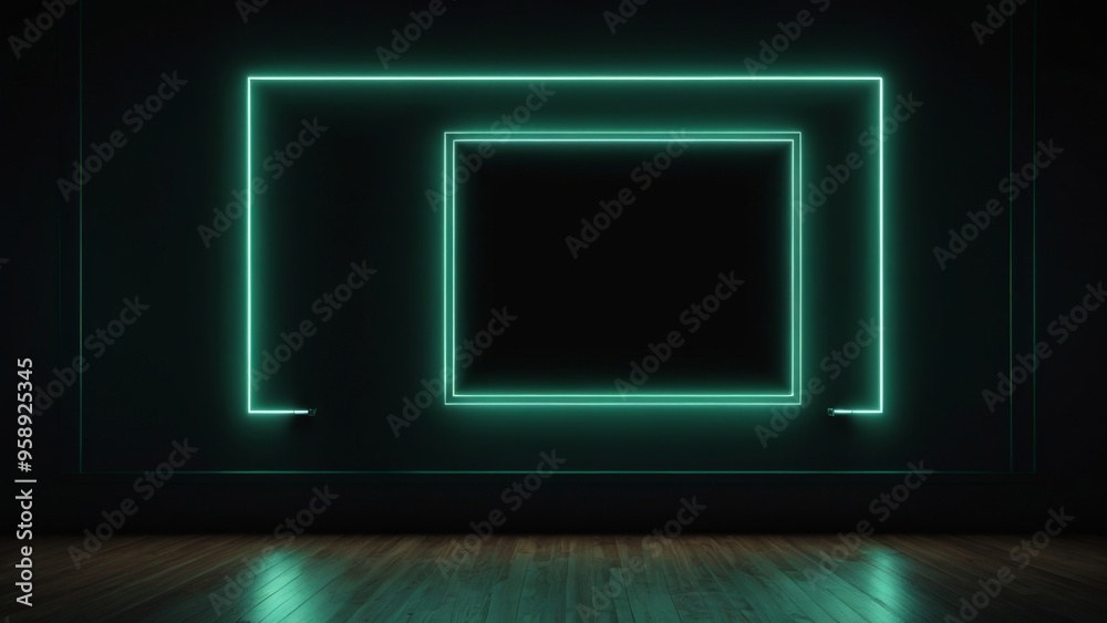 Empty room with glowing neon frame on the wall and wooden floor Empty room with glowing neon frame on the wall and wooden floor