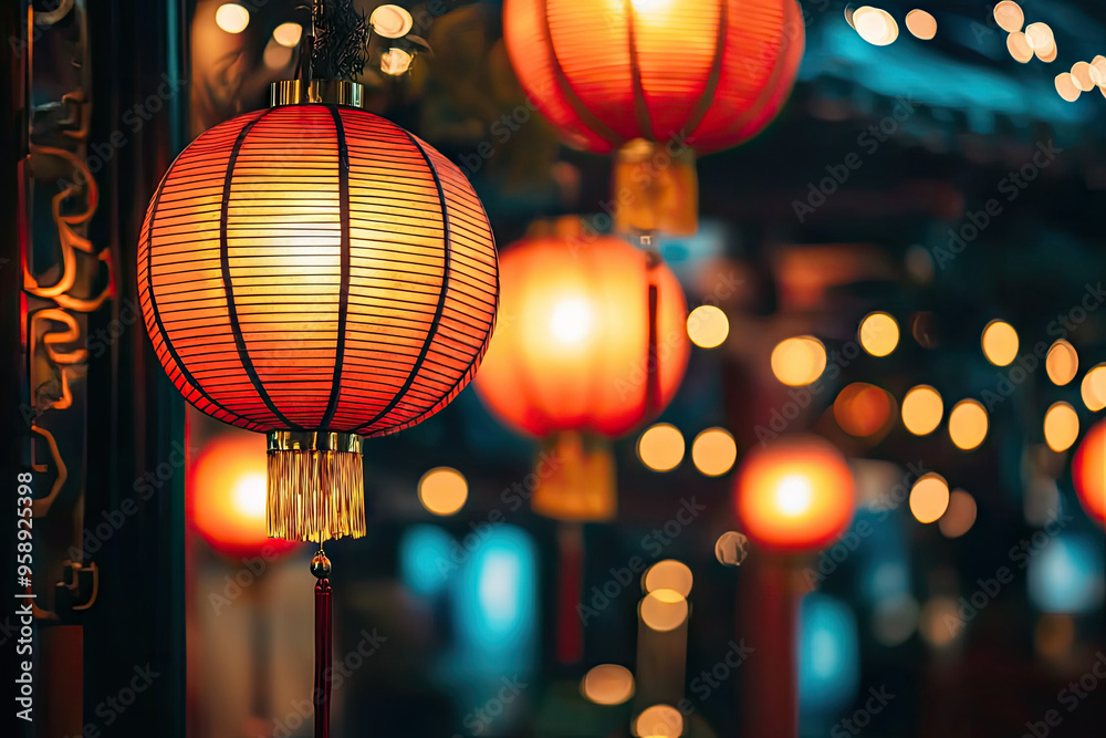 A symphony of warm light, red lanterns illuminate the night, casting a festive glow on the celebration. A symphony of warm light, red lanterns illuminate the night, casting a festive glow on the celebration.