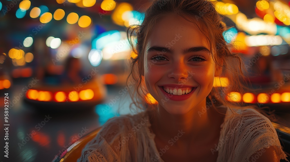 Young girl smiling joyfully on a colorful amusement park ride during the evening hours filled with vibrant lights Young girl smiling joyfully on a colorful amusement park ride during the evening hours filled with vibrant lights