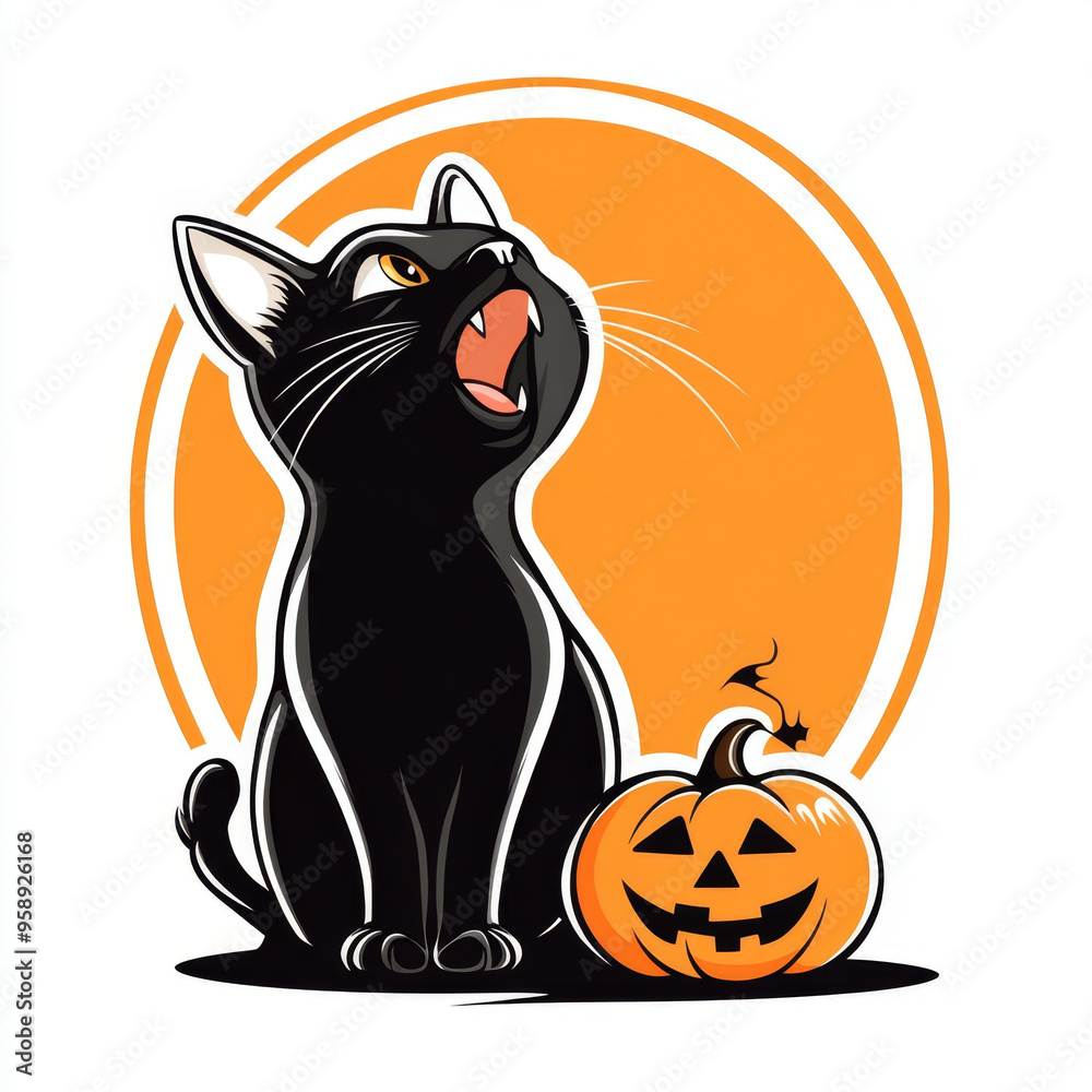 Cartoon black cat howling beside a jack-o'-lantern, with an orange circle backdrop, creating a spooky Halloween atmosphere. Cartoon black cat howling beside a jack-o'-lantern, with an orange circle backdrop, creating a spooky Halloween atmosphere.