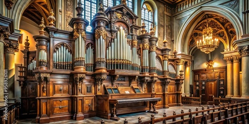 Historic pipe organ with intricately carved wooden console, rows of polished pipes, and ornate details, set against a dimly lit atmospheric church interior background. photo