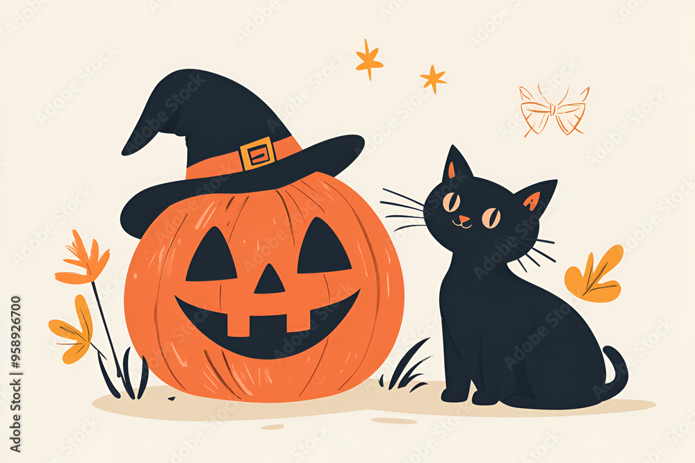 A charming illustration of a jack-o'-lantern with a witch hat beside a smiling black cat surrounded by flowers and leaves A charming illustration of a jack-o'-lantern with a witch hat beside a smiling black cat surrounded by flowers and leaves