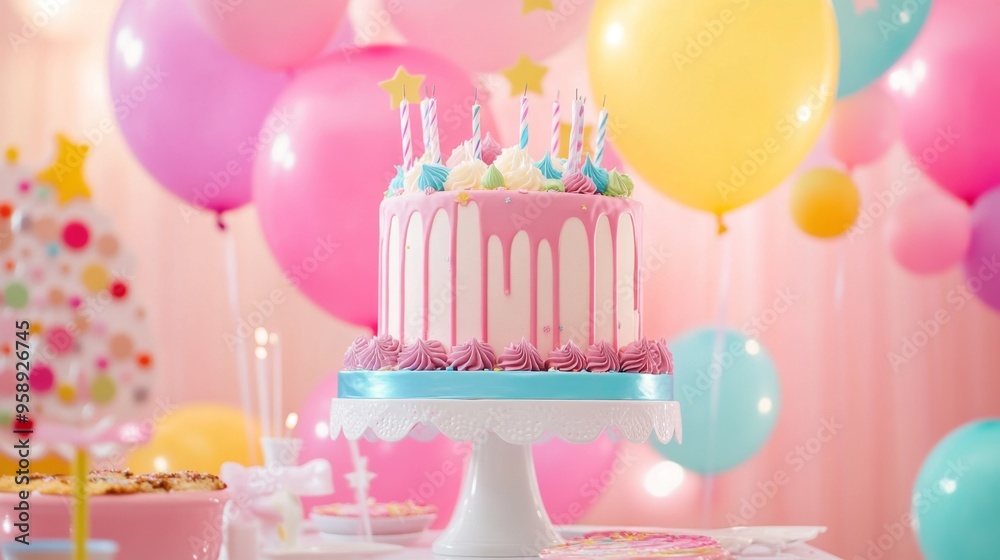 A cheerful pink birthday party setup with colorful decorations, balloons, and a beautifully decorated cake on a festive table A cheerful pink birthday party setup with colorful decorations, balloons, and a beautifully decorated cake on a festive table