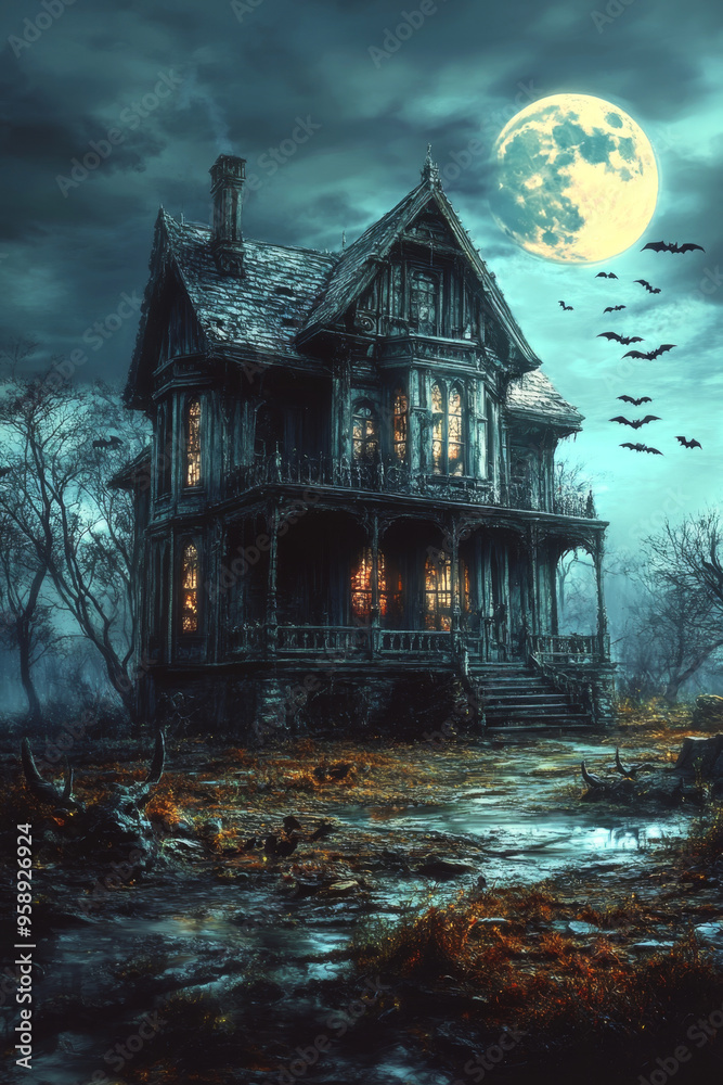 Obraz premium A dark and eerie haunted house lit from within, surrounded by barren trees and bats flying under a glowing full moon.
