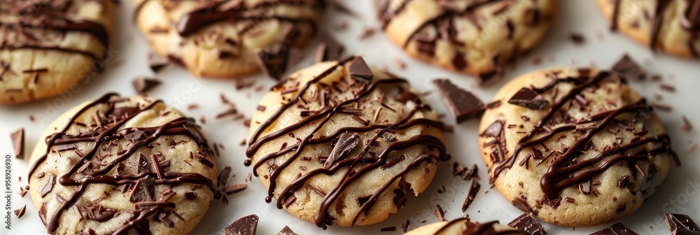 Stunning cookies adorned with chocolate, set against a light backdrop, perfect for bakery dessert Stunning cookies adorned with chocolate, set against a light backdrop, perfect for bakery dessert