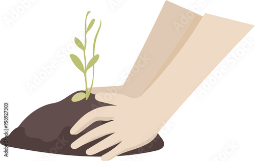 Cartoon planting tree illustration on transparent background.
