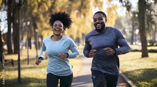 A Black couple runs and laughs together in a park.