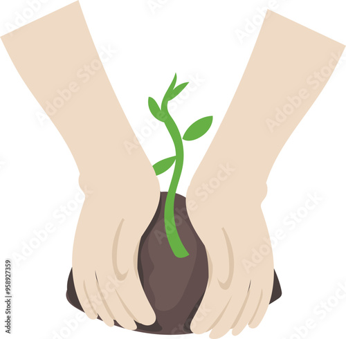 Cartoon planting small tree illustration on transparent background.
