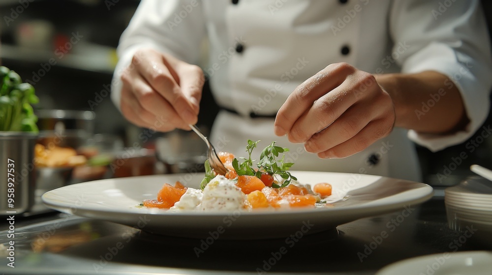 A chef plating a gourmet dish in a professional kitchen, with a focus on the delicate presentation and garnishing. A chef plating a gourmet dish in a professional kitchen, with a focus on the delicate presentation and garnishing.