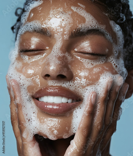 Beautiful smiling black woman washing her face with foamy cleanser photo