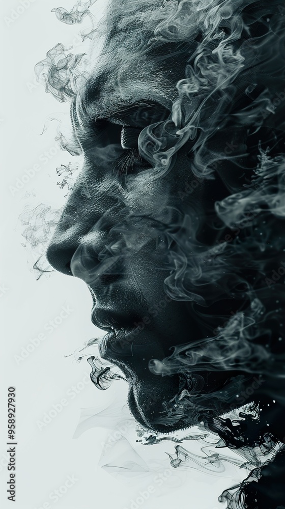 A profile portrait of a person's face partially obscured by smoke. A profile portrait of a person's face partially obscured by smoke.