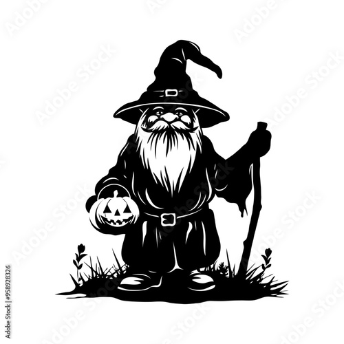 Silhouette Halloween gnome holding a pumpkin and a stick. The gnome is wearing a hat and has a beard. Vector illustration.