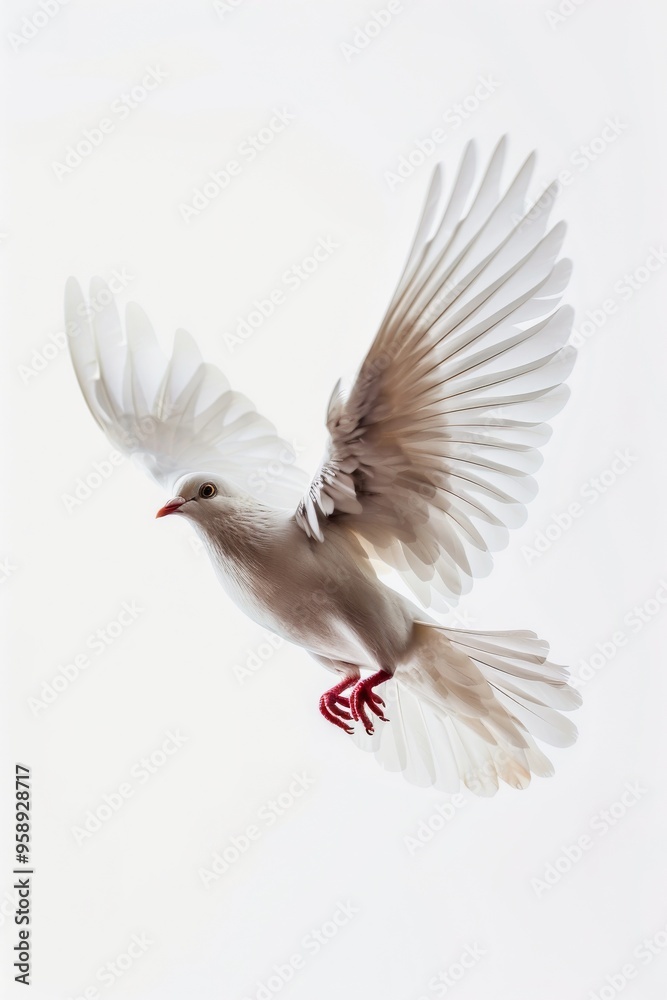 Fototapeta premium White dove in flight depicted in isolation on a white background, emphasizing purity freedom.