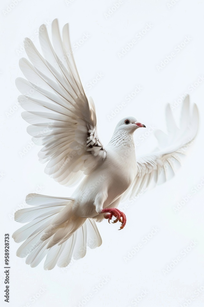 White dove in flight depicted in isolation on a white background, emphasizing purity freedom. White dove in flight depicted in isolation on a white background, emphasizing purity freedom.