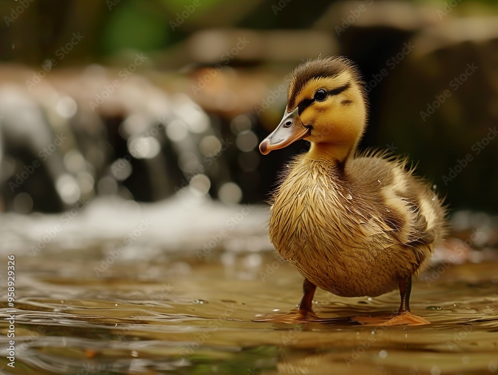 Fototapeta premium A cute duckling stands in shallow water with a waterfall in the background.