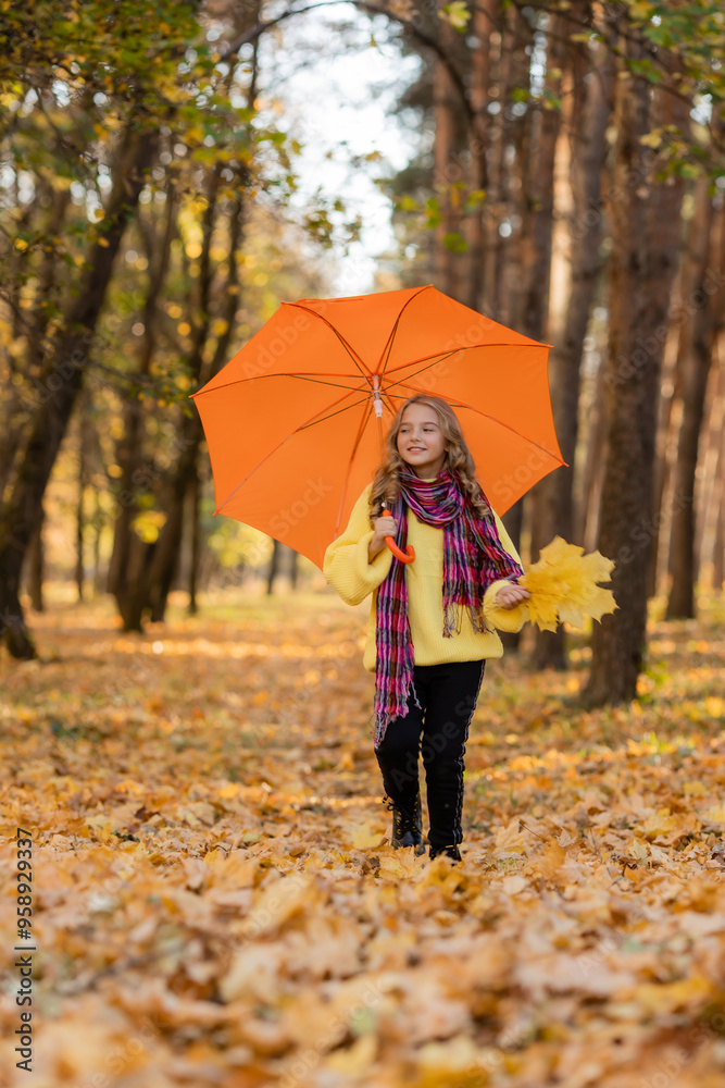 Obraz premium little blonde girl walks in the park in autumn with an orange umbrella