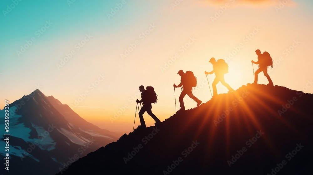 Group of people hiking up a mountain, representing personal challenges and achieving new heights. Group of people hiking up a mountain, representing personal challenges and achieving new heights.