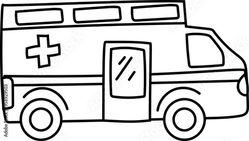 Cartoon ambulance doodle illustration on transparent background.
