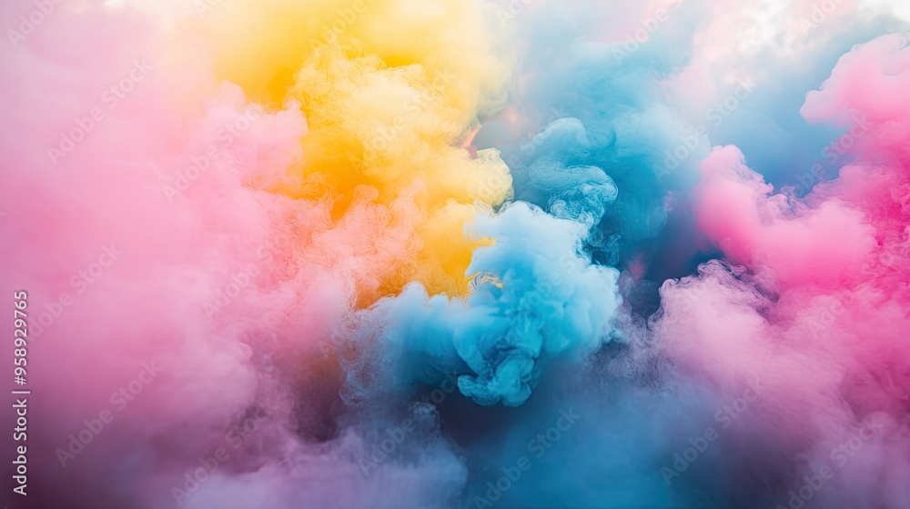 Colorful smoke bombs releasing vibrant clouds of pink, blue, and yellow smoke, creating a playful and artistic display Colorful smoke bombs releasing vibrant clouds of pink, blue, and yellow smoke, creating a playful and artistic display