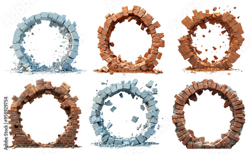 Broken brick and ice circles set isolated on transparent background
